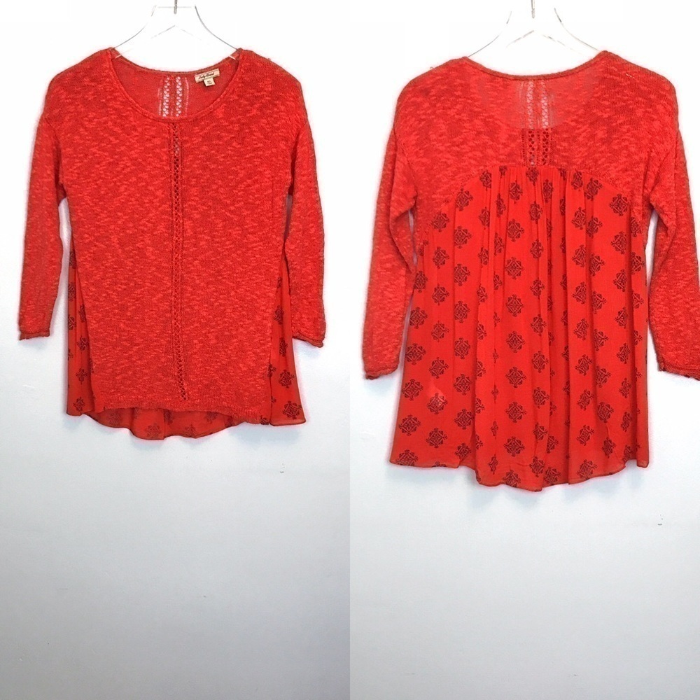 Lucky Brand Red Knit Front/Chiffon Back Top XS